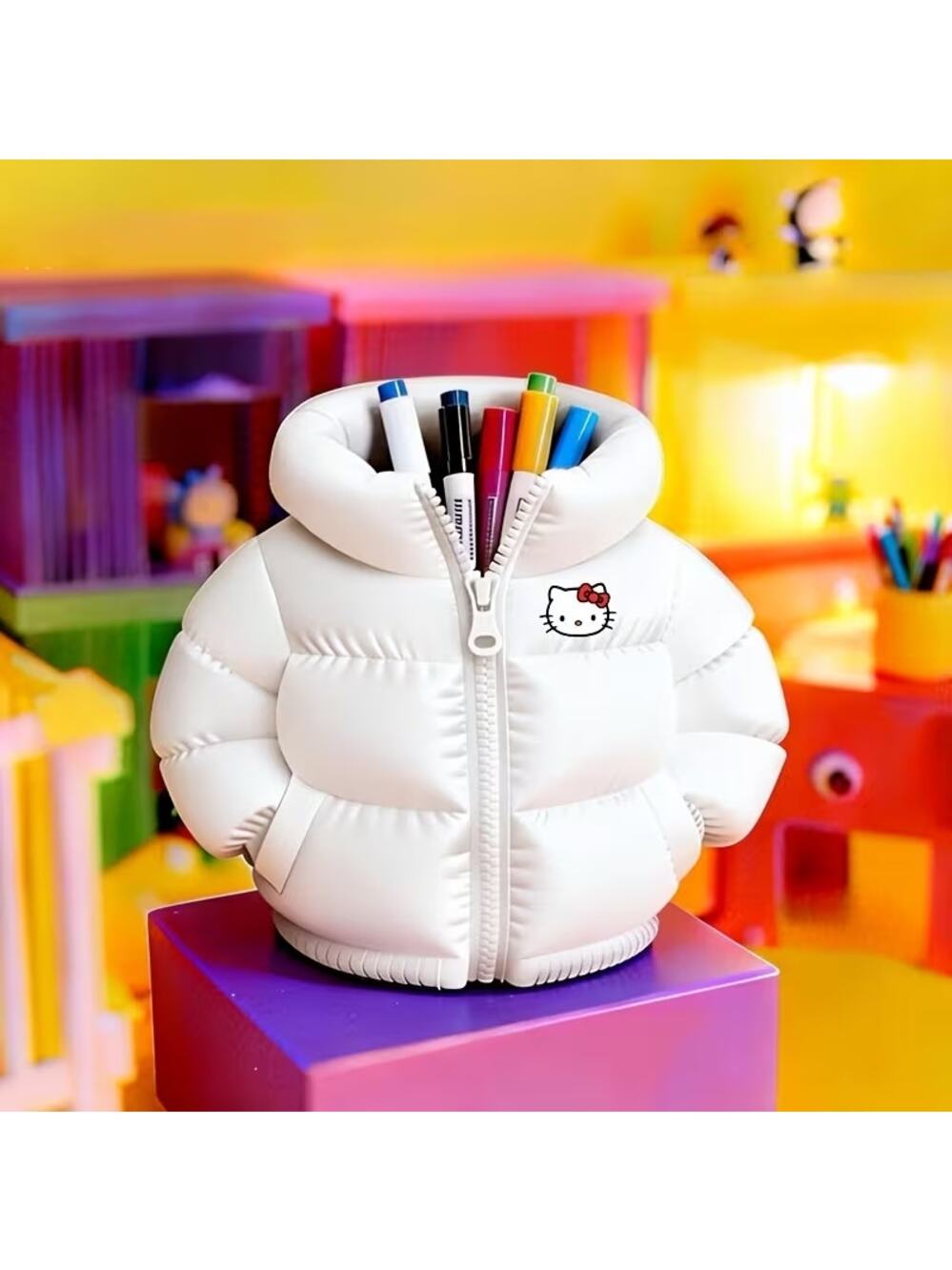 #6837 Cute  White Hello Kitty Puffer Jacket Pen Holder 3x3"